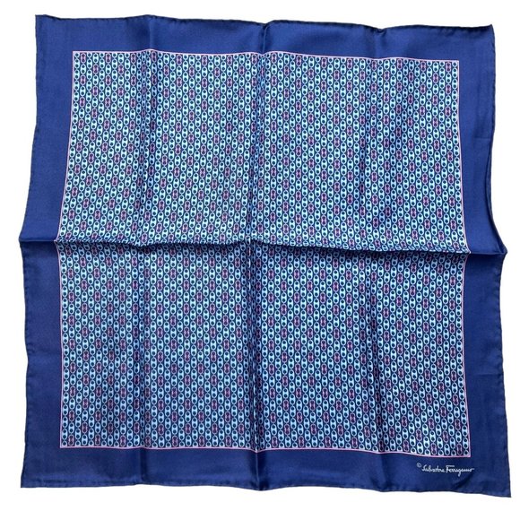 FERRAGAMO: Navy Blue Logo Silk Scarf/Pocket Square 16" x 16" #1358 - Picture 1 of 4